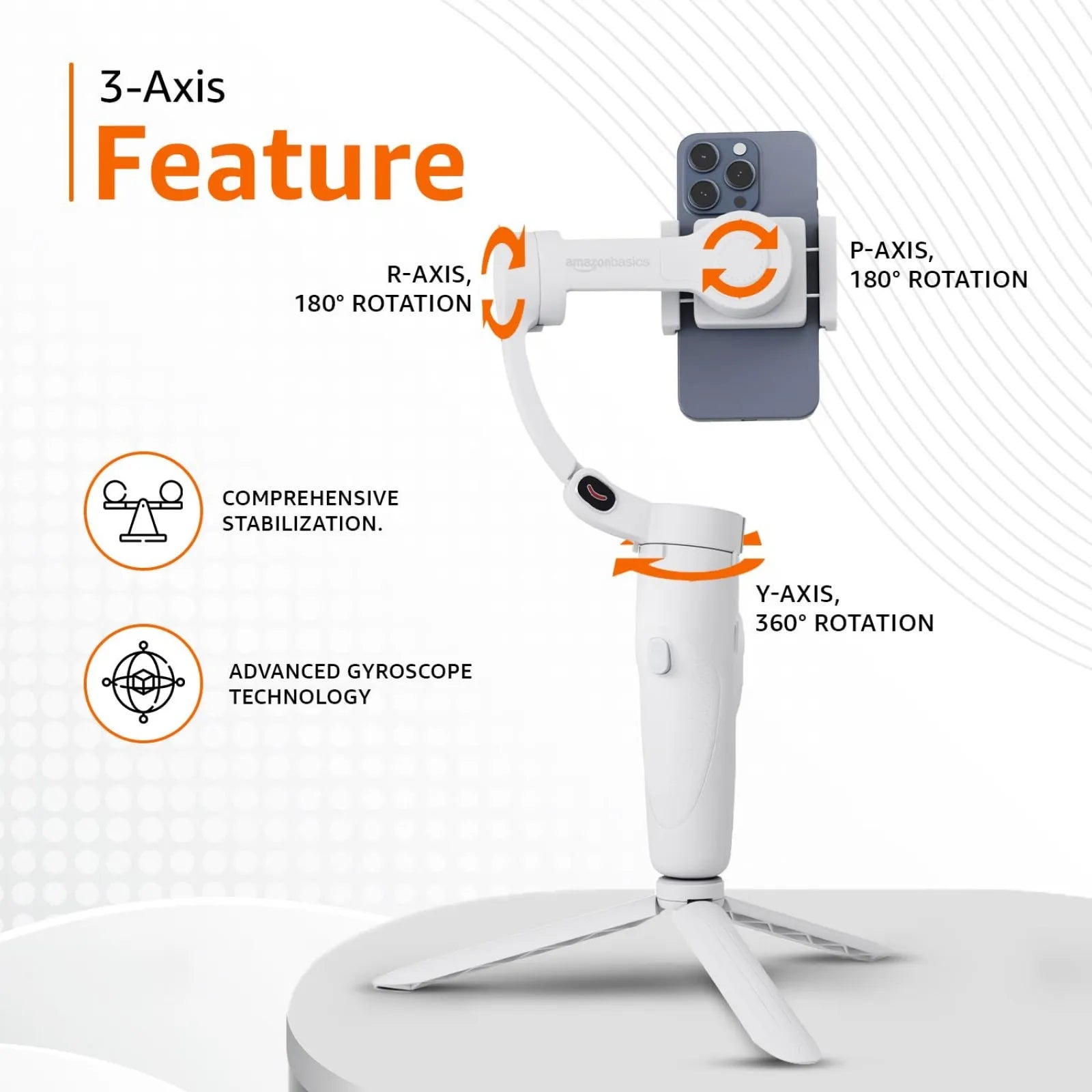 Basics Foldable 3 Axis Gimbal Stabilizer with Advanced Gyroscope (Light Grey)